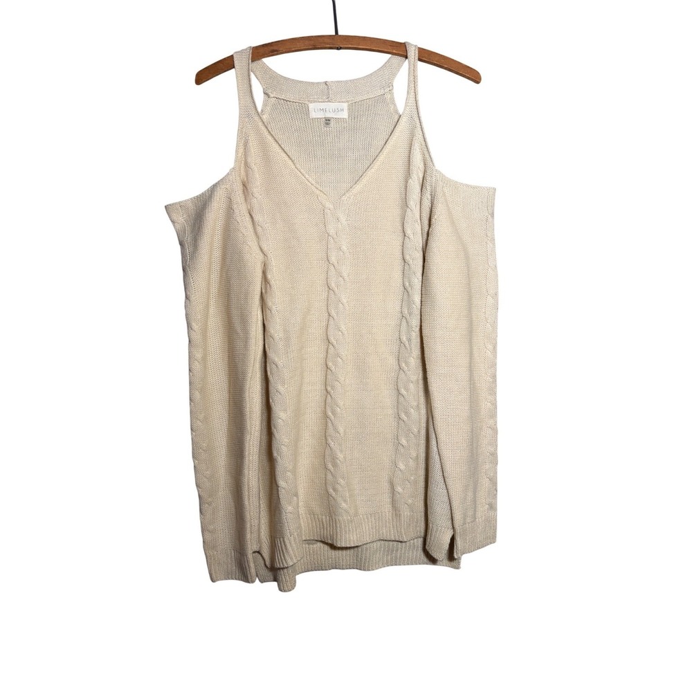 Limelush Ivory Cable Knit Cold‎ Shoulder V-Neck Sweater S/M Cream Preppy Boho